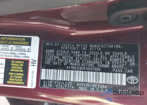 2014 Toyota Avalon Hybrid Xle Touring z USA, uszkodzony, nr VIN 4T1BD1EB0EU032908